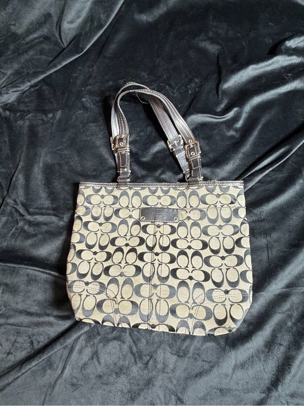 Coach Khaki and Black Signature Canvas Tote
